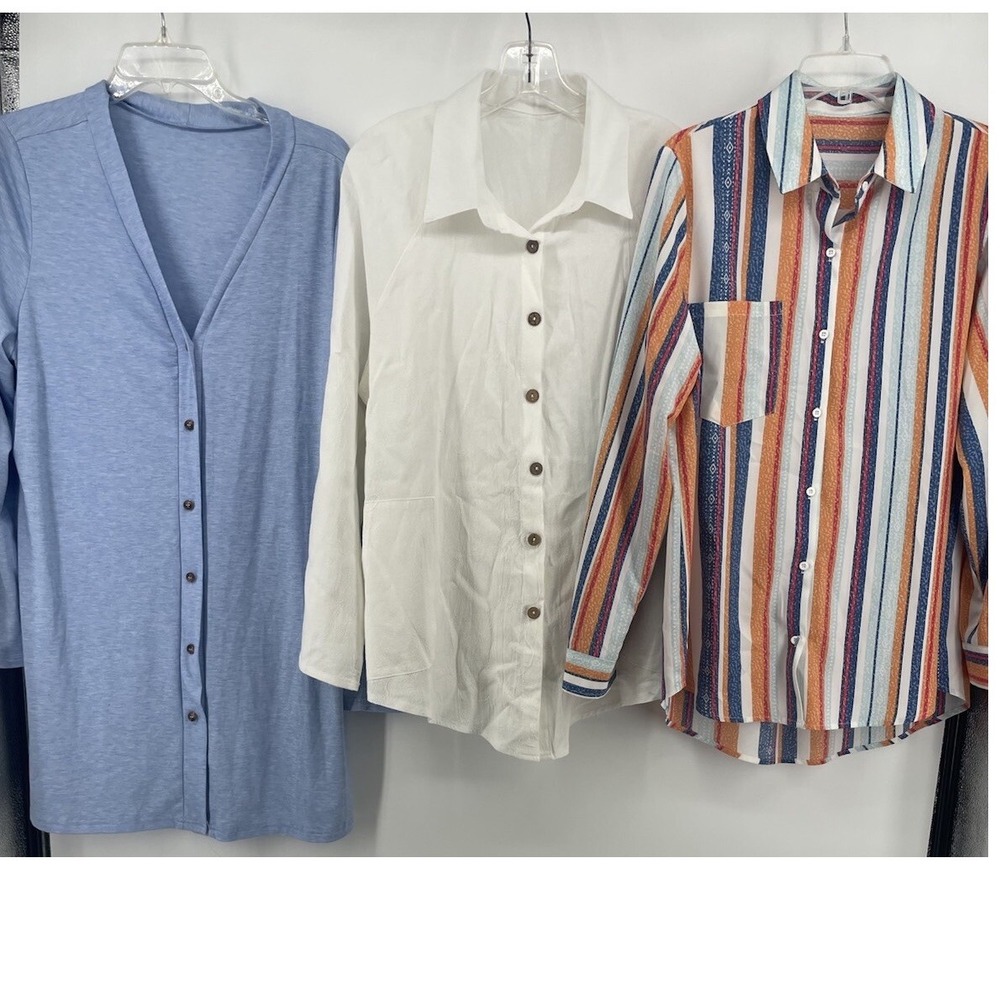 BUNDLE of 3-Button Up Shirts White/Multicolor And Blue Cardigan Women's Large